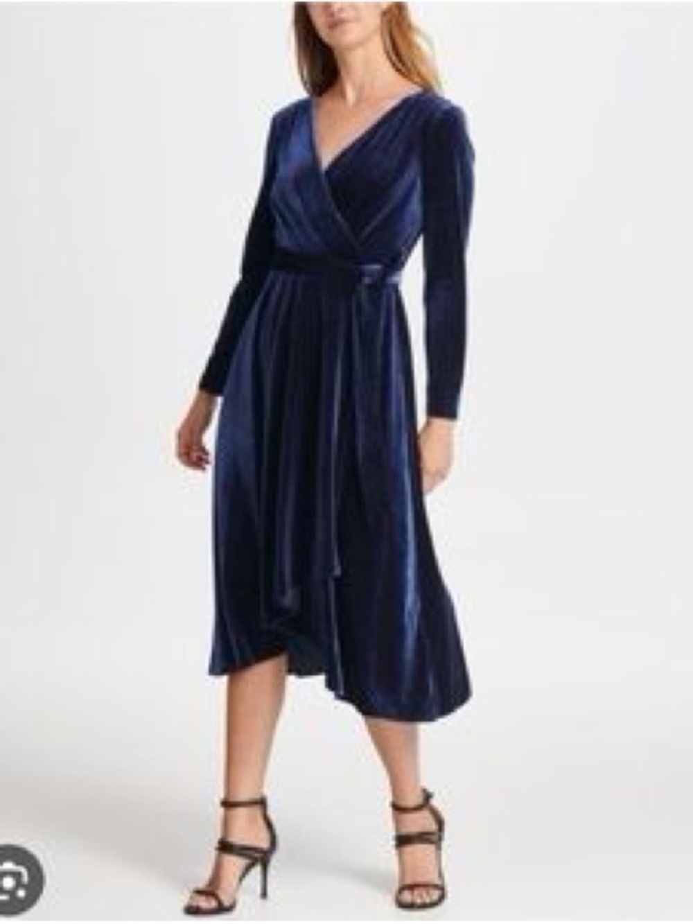 DKNYC Navy Velvet Wrap Midi Dress with Long Sleeves